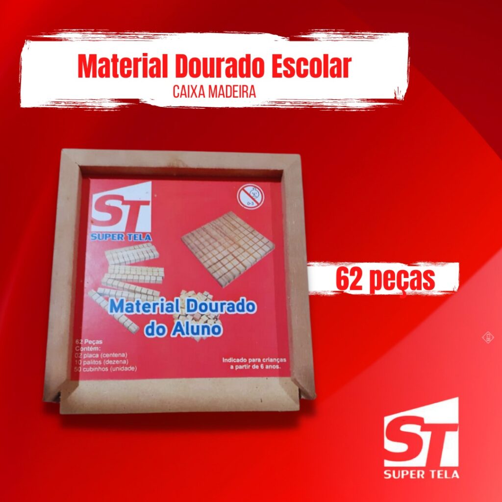 Material Dourado Escolar 62 peças - Caixa em Madeira