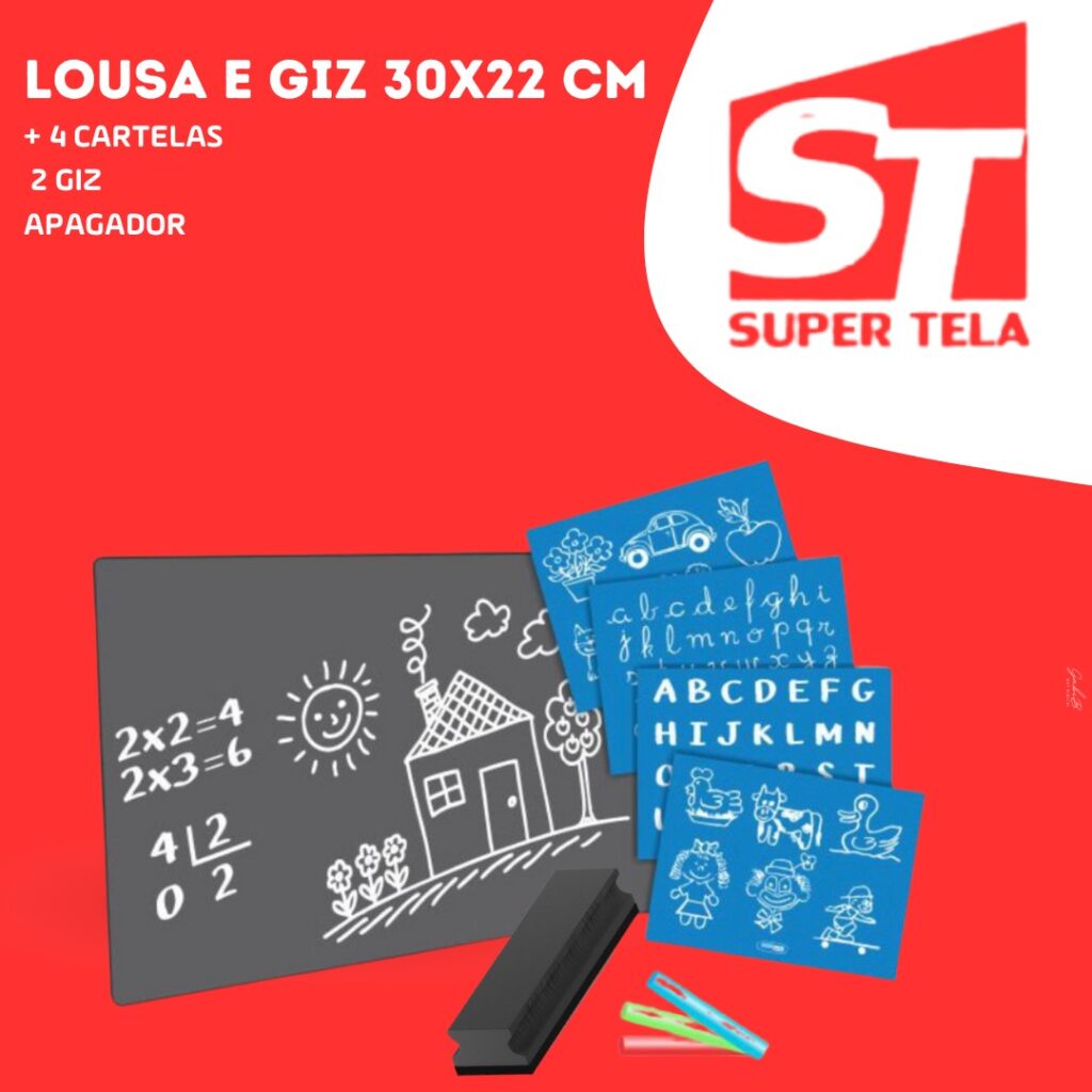 Lousa Infantil Blackboard 30x22 cm - 4 cartelas didáticas, giz e apagador.
